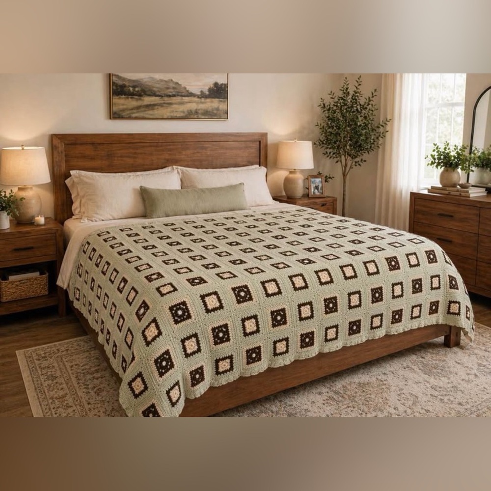 Handmade Crochet Granny Square Bedspread in Sage and Brown